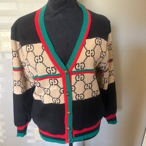 Black and Beige Cardigan with Red and Green Accents